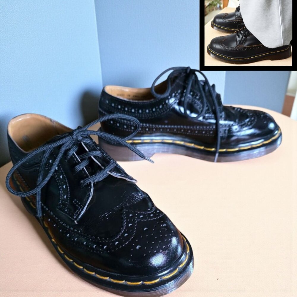 VTG DR MARTENS ( 4 US ) 3989/59 Gloss Black Brogue Wingtip Young Adult